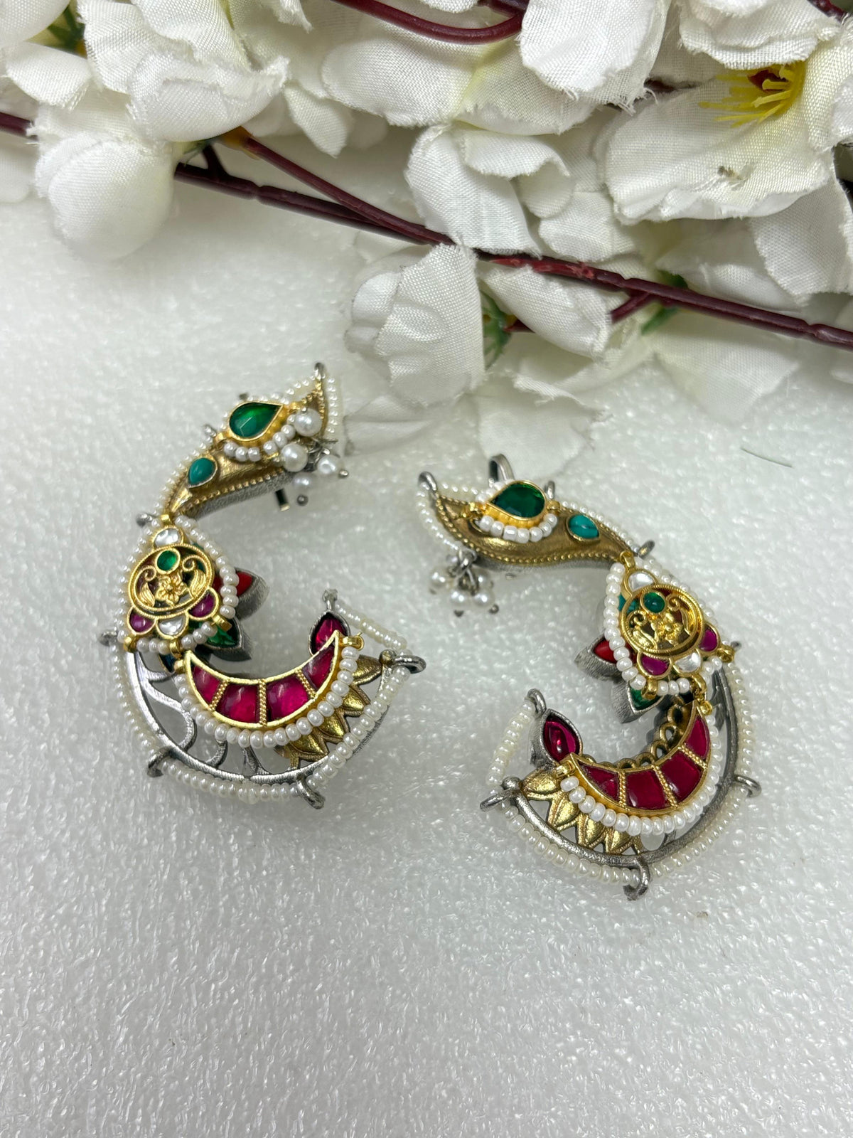 Kundan Fusion Silver Look A Like Dualtone Earcuffs  Design 2 by Alankrent