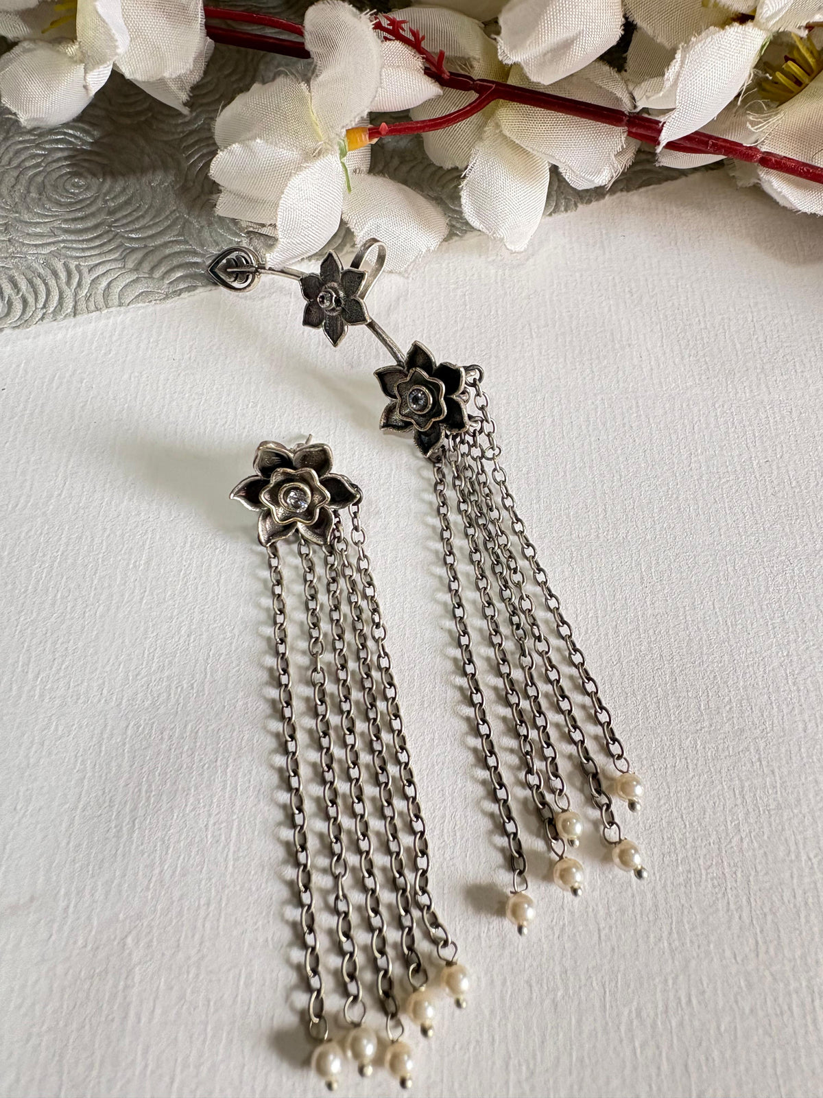 Phooljaal Stone Tassel Bugadi Ear Cuff with Pearl Drops Premium SLA Jewellery
