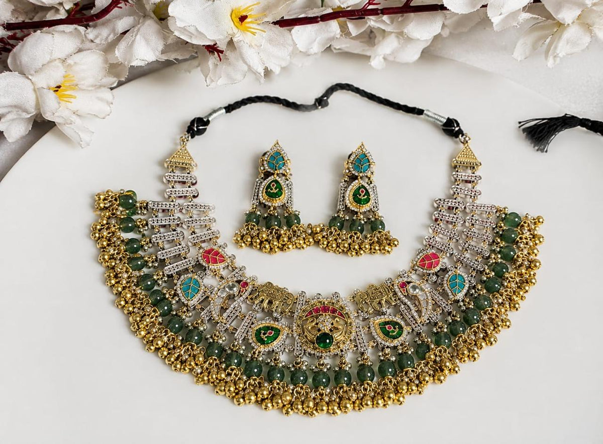 Rajvanshi Veerangana Dual Tone Kundan Fusion Statement Necklace Set with Earrings – Premium SLA Temple Jewellery for Women