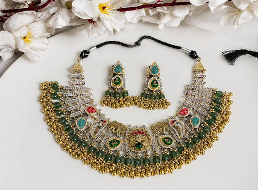 Rajvanshi Veerangana Dual Tone Kundan Fusion Statement Necklace Set with Earrings – Premium SLA Temple Jewellery for Women