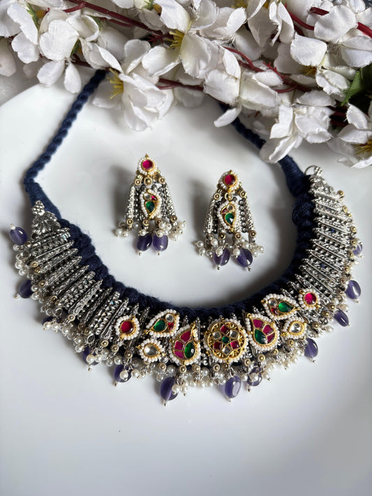Vanyara Premium Kundan Fusion Thread Choker Necklace Set | SLA Dual Tone Jewellery with Earrings