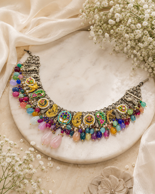 Morvika German Silver Peacock Choker Necklace – Premium Kundan Fusion Statement Choker with Multicolour Beads for Women