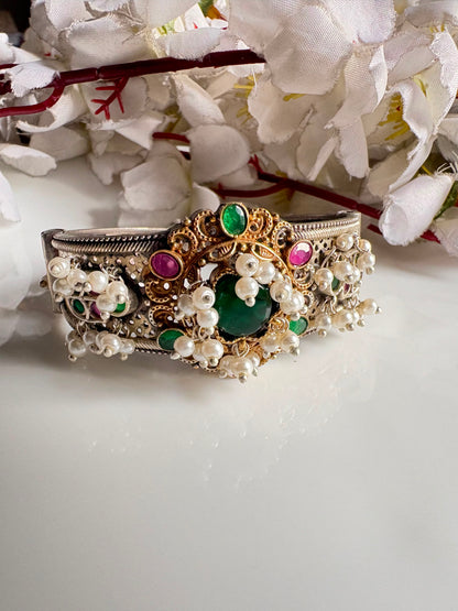 Ratnaprabha Premium SLA Pearl Openable Single Kada | Dual Tone Silver Look Bridal Bangle | Alankrent Luxe