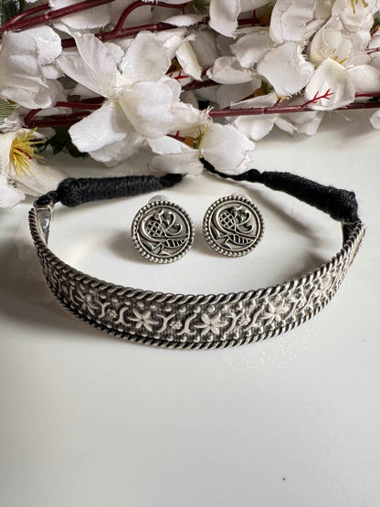 Premium Oxidised Floral Choker Necklace Set with Round Earrings Silver Look Traditional Jewellery for Women