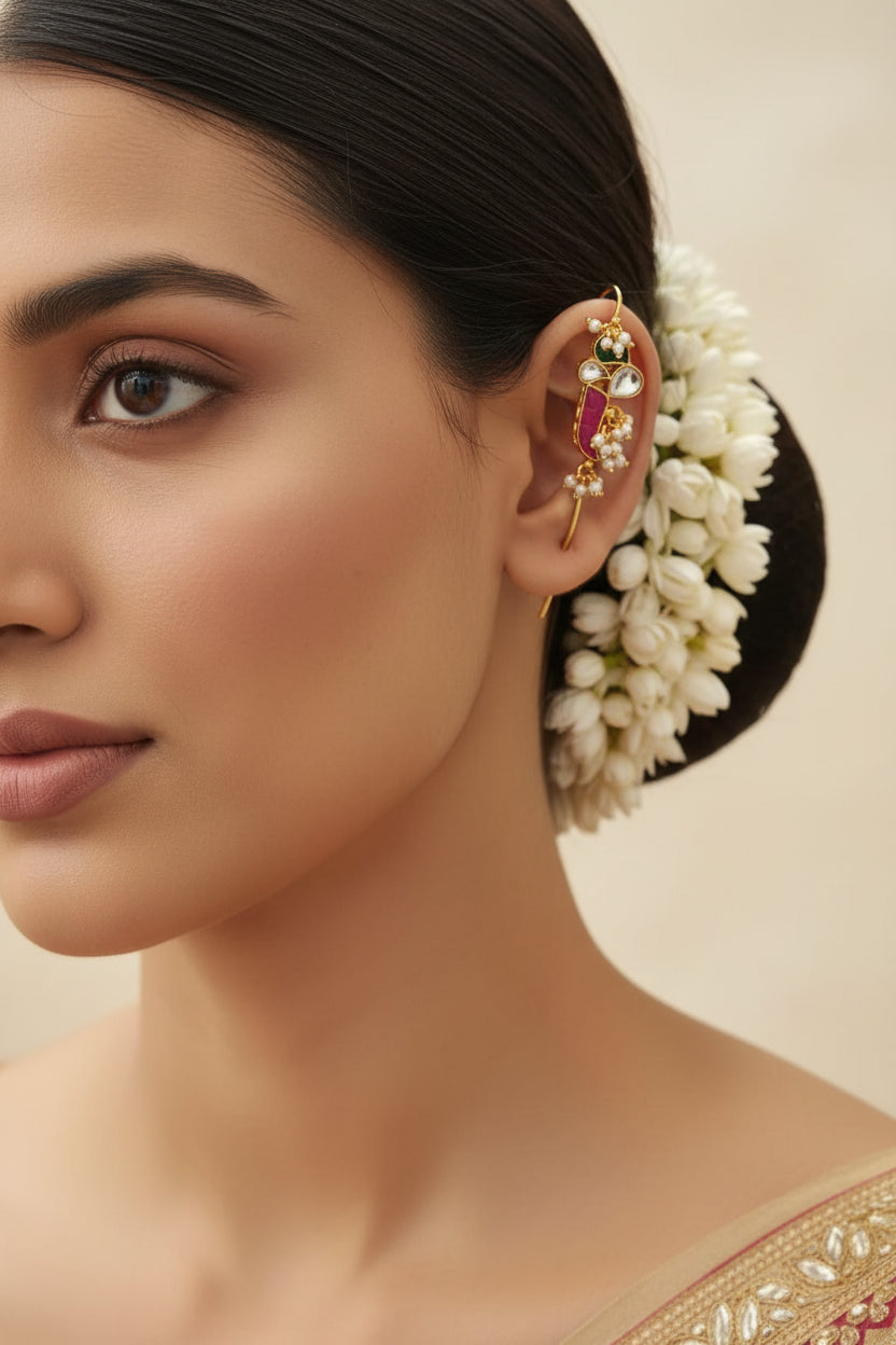 Premium Golden Kundan Needle Earrings with Ruby and Emerald Stones Handcrafted Wedding and Festive Jewellery Alankrent Luxe - Alankrent Luxe