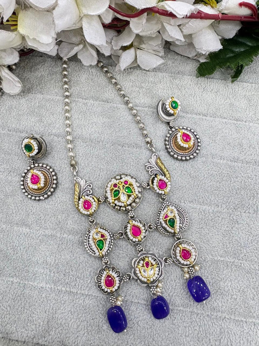 Vasudha Dualtone SLA Kundan Fusion Necklace with Earrings | Navratri & Festive Jewellery