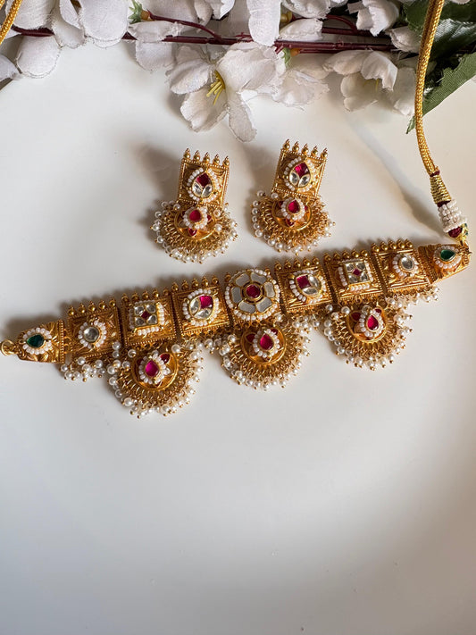 Gold Matt MOP Kundan Necklace Set with Earrings  Bestseller Traditional Jewellery  Handcrafted Indian Kundan Jewellery | Premium Statement Necklace Set Online by Alankrent
