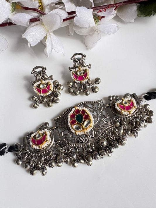 Ghunghrika Minimal Kundan Ghunghroo Choker Necklace Set with Earrings | Brass Heritage Jewellery | Ready Stock