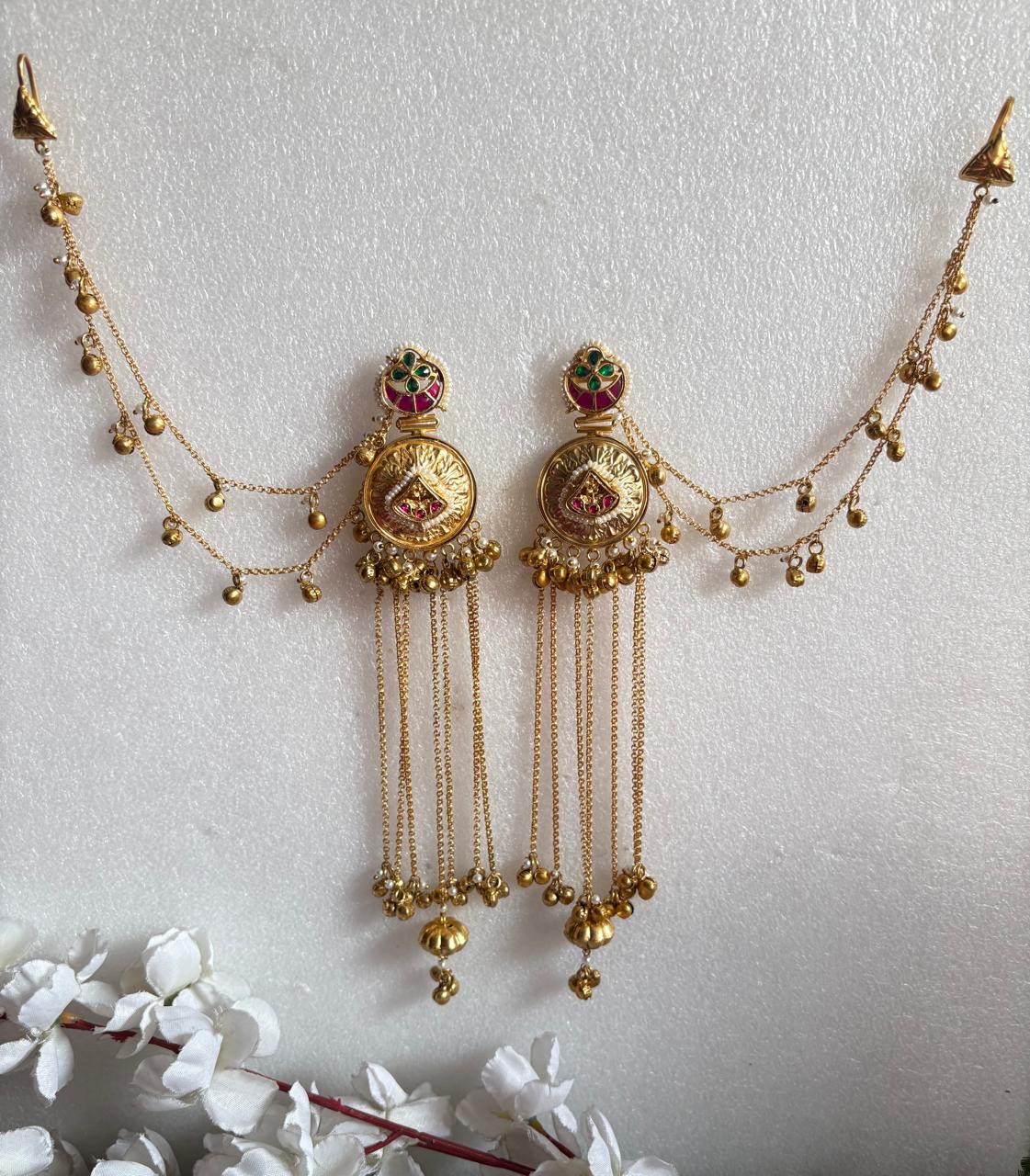 Traditional Kashmiri Earrings with Hair Chain  Gold Polish Bridal Statement Jewellery by Alankrent