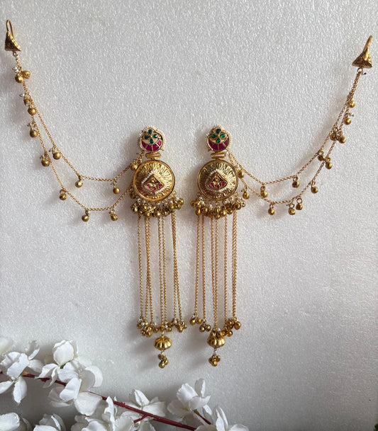 Traditional Kashmiri Earrings with Hair Chain  Gold Polish Bridal Statement Jewellery by Alankrent