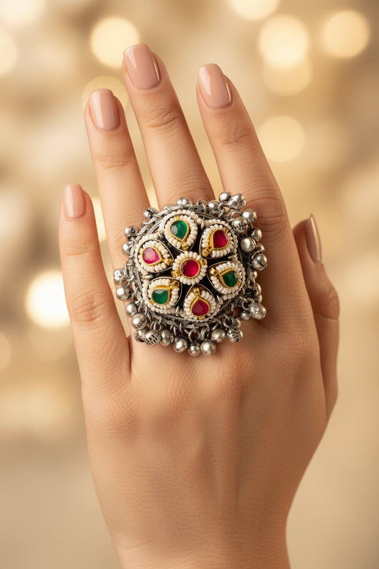 Zilmil Kundan Ring | Silver Tone Ghungroo Statement Ring for Women