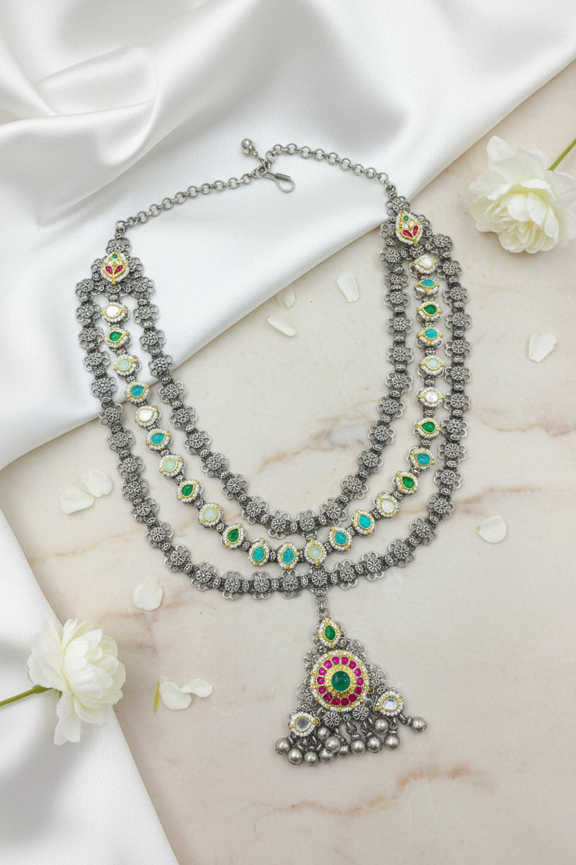 Pushparatna Pachi Kundan Fusion Layered Pendant Necklace | German Silver Heritage Long Necklace | Traditional Indian Jewellery | Alankrent Luxe