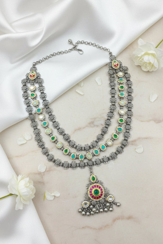Pushparatna Pachi Kundan Fusion Layered Pendant Necklace | German Silver Heritage Long Necklace | Traditional Indian Jewellery | Alankrent Luxe