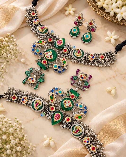 Rajhansini Rangika Multicolour Kundan Meenakari Necklace Set with Matching Earrings |  Silver Indian Jewellery