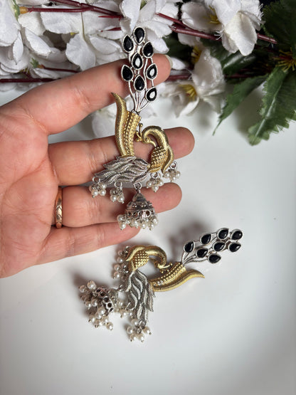 Mayurika Dual-Tone Peacock Jhumka Earrings | Indian Peacock Statement Jhumka Jewellery