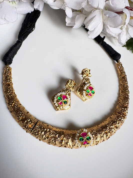 Rajwadi Gold Textured Hasli Necklace Set with Jaipur Kundan | Floral Designer Choker