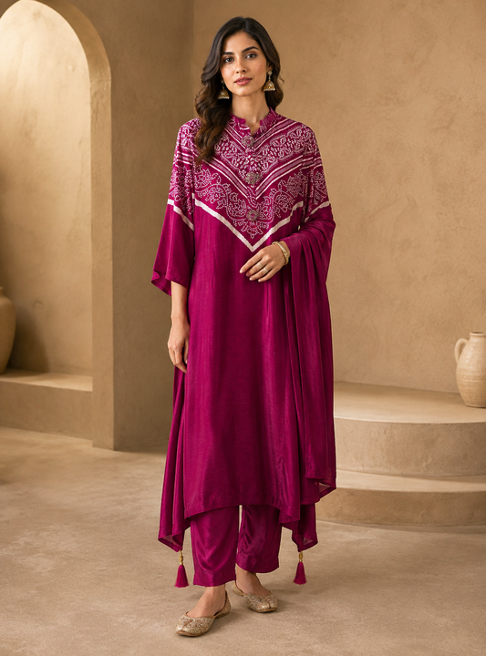 Aavriti Bandhniya Magenta Gajji Silk Bandhani 2-Piece Cord Set with Handwork & Tassels
