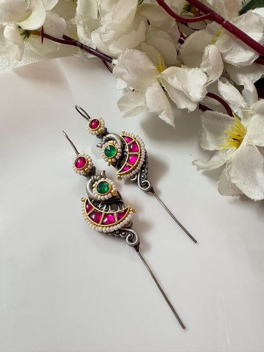 Rajvanshi Meher SLA Needle Kundan Fusion Earrings – Ruby Pink & Emerald Green Pearl Detail Statement Earrings