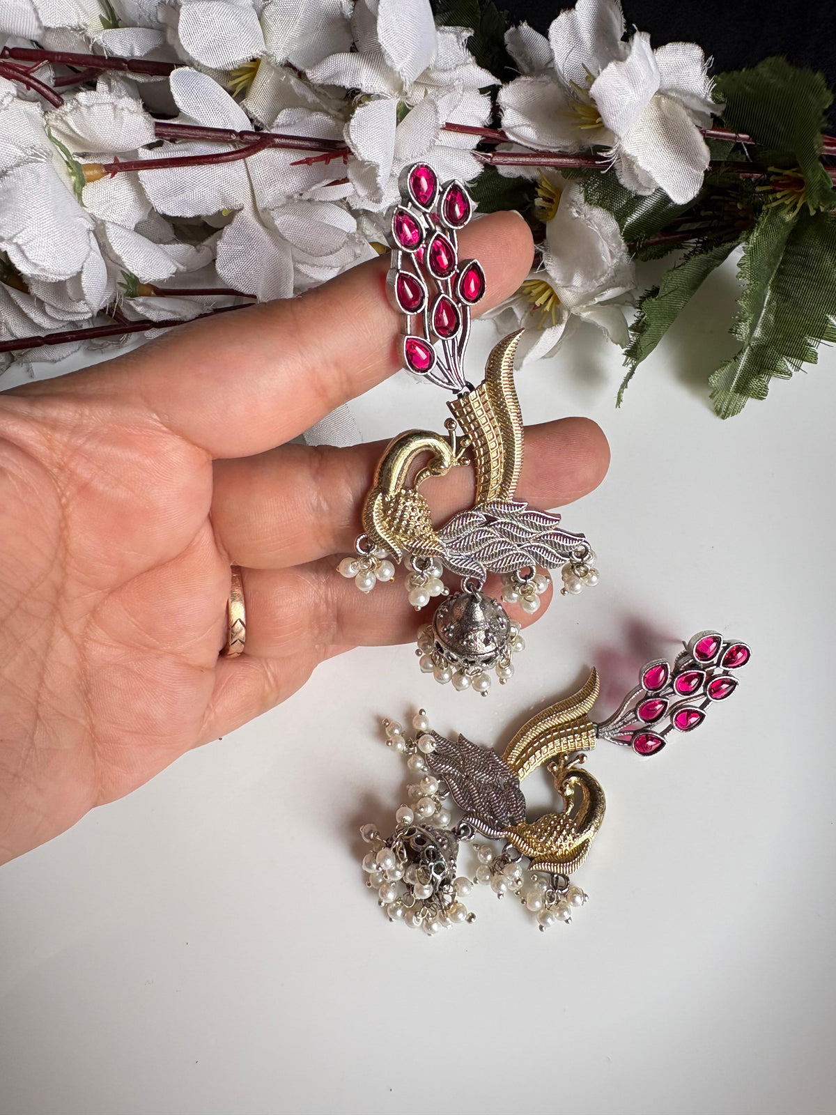 Mayurika Dual-Tone Peacock Jhumka Earrings | Indian Peacock Statement Jhumka Jewellery
