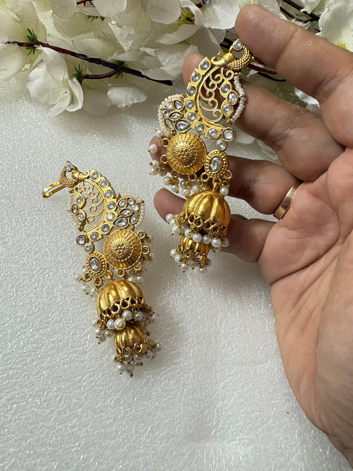 Mayura Ratnavalli Heritage Ear Cuffs
|Temple Gold Long Designer Jhumka Ear Cuffs with Intricate Filigree & Pearl Drops - Alankrent Luxe