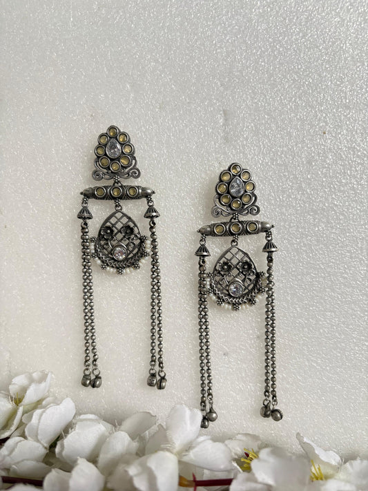 Noor Antique Stone Tassel Earrings
Handcrafted Antique Silver Long Earrings | Stone Tassel Earrings | Heritage Statement Jewellery