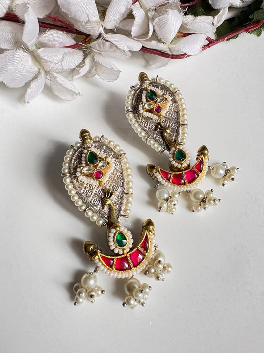 Mayurika Gold Matt Fusion Pachi Kundan Peacock Earrings | Premium Brass Designer Pearl Drop Earrings | Alankrent Luxe