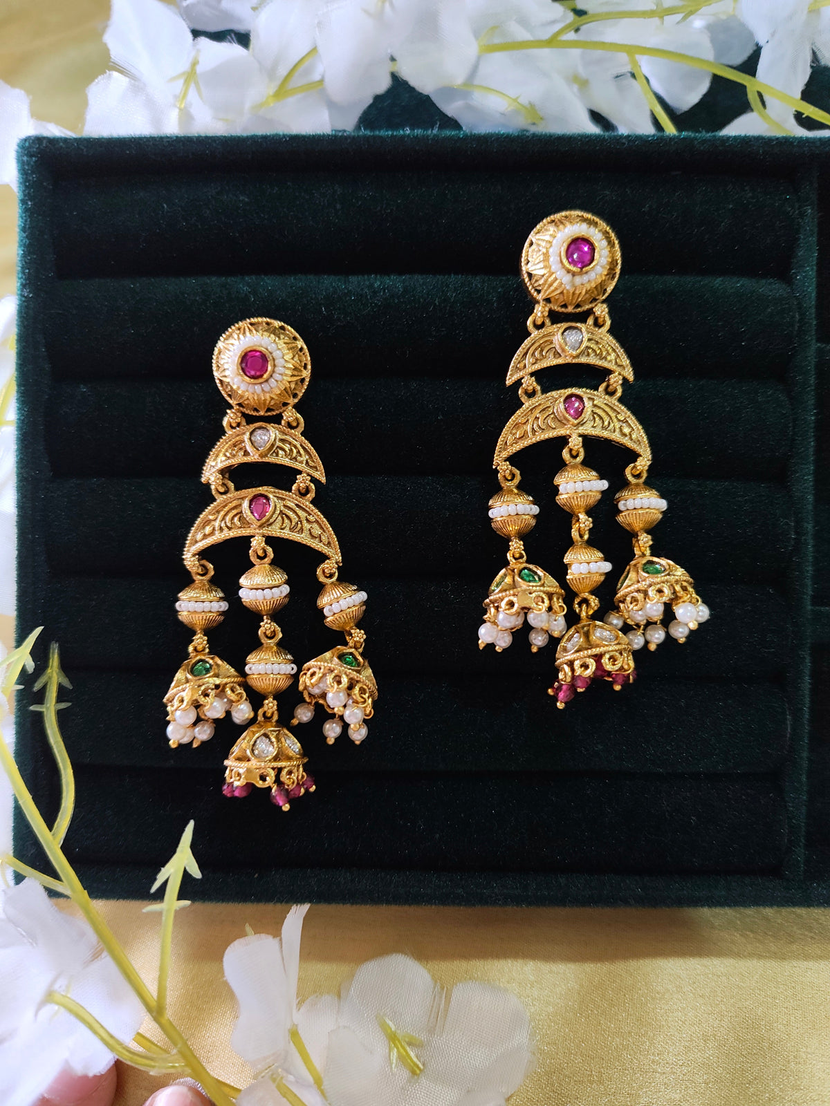 Tishaya Heritage Kundan Jhumki Dangler Earrings Traditional Temple Style Bridal Jewellery | Premium Indian Jewellery