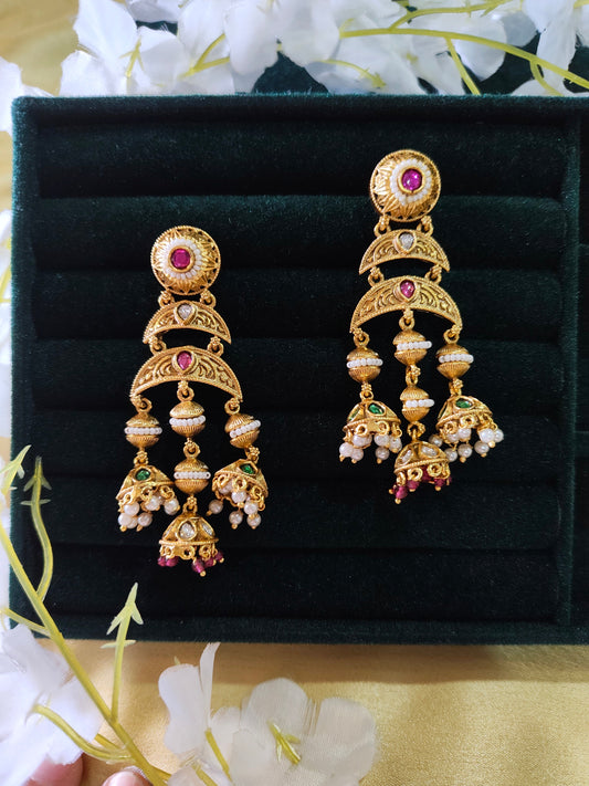 Tishaya Heritage Kundan Jhumki Dangler Earrings Traditional Temple Style Bridal Jewellery | Premium Indian Jewellery