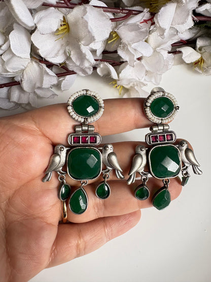 Vihangika Bird Stone Statement Earrings with Pearl Detailing