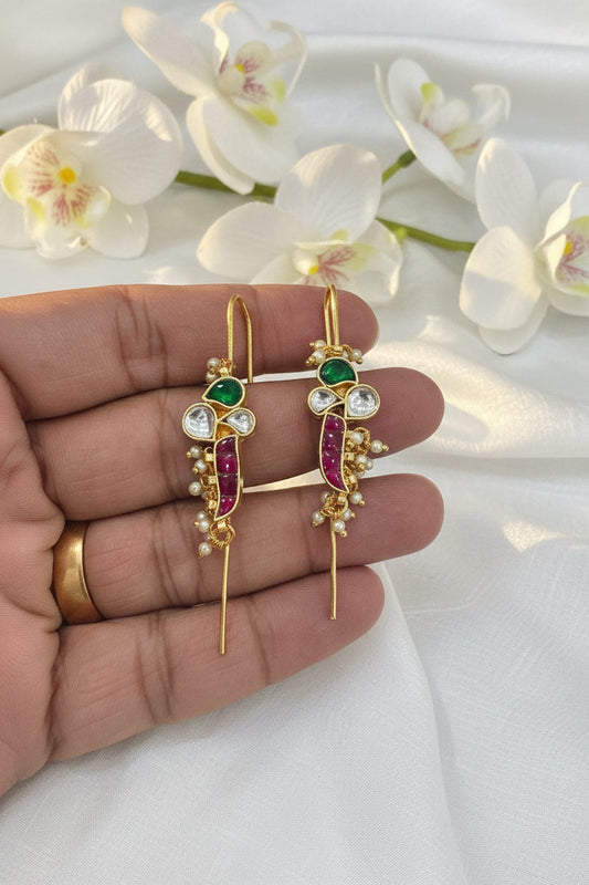 Premium Golden Kundan Needle Earrings with Ruby and Emerald Stones Handcrafted Wedding and Festive Jewellery Alankrent Luxe - Alankrent Luxe