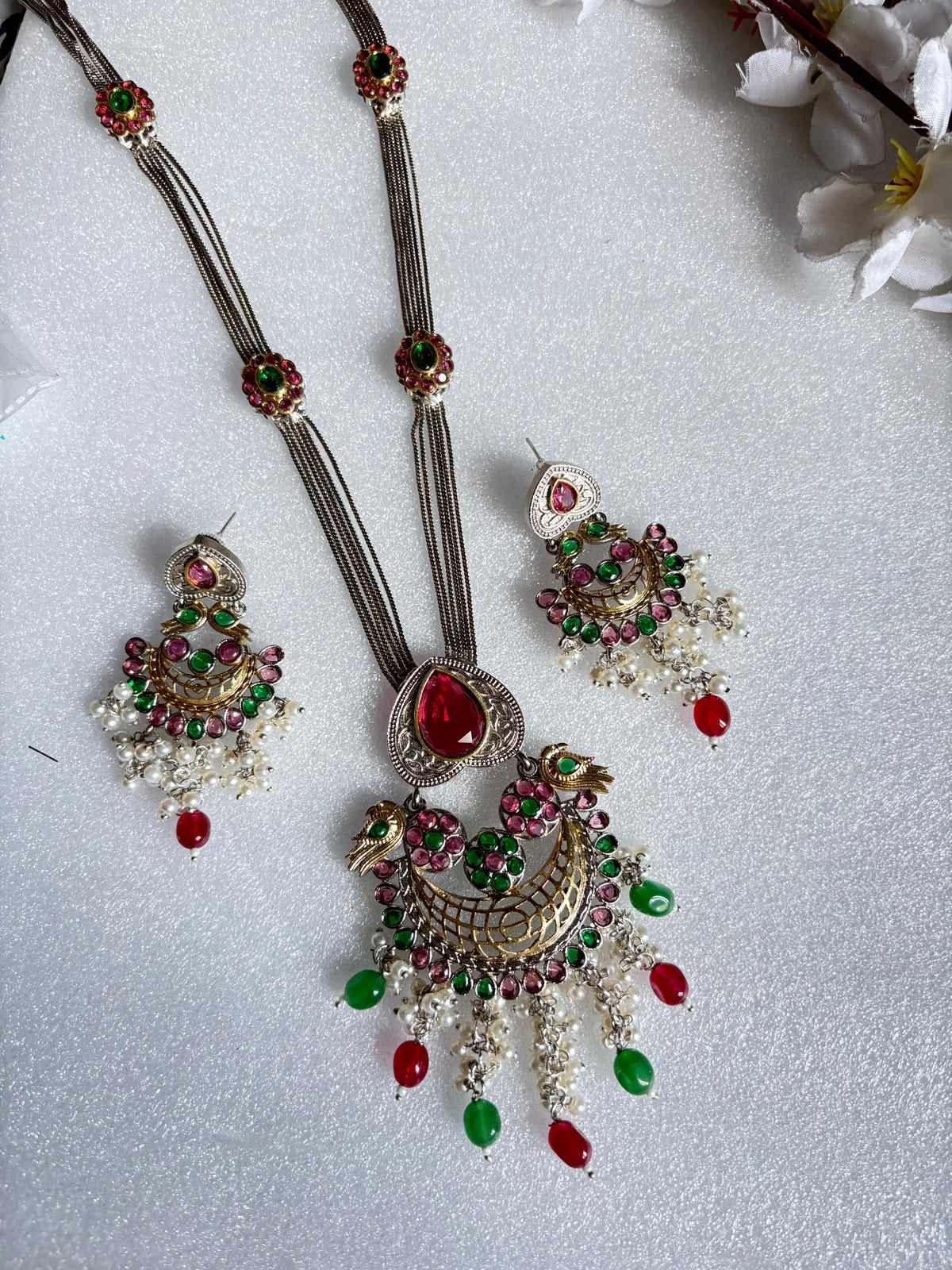 Mayurika Premium SLA Statement Necklace Set with Peacock Pendant & Earrings | Dual Tone Heritage Jewellery | Bridal & Festive Collection