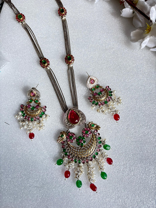 Mayurika Premium SLA Statement Necklace Set with Peacock Pendant & Earrings | Dual Tone Heritage Jewellery | Bridal & Festive Collection