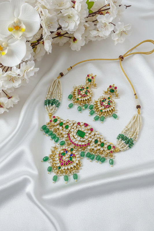 Mehera Polki Kundan Choker Set with Pearl Strings & Green Beads | Bridal Choker Necklace