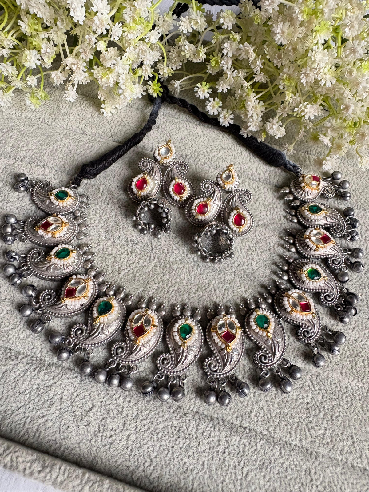 Gunjika Kundan Ghungroo Thread Necklace with Jhumka Earrings | Brass Base Pachi Kundan Imitation Jewellery