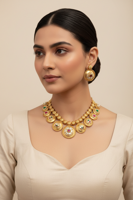 MOP Kundan Fusion Golden Necklace Set with Earrings | Premium Gold Matt Finish | Ready Stock | Alankrent by Alankrent