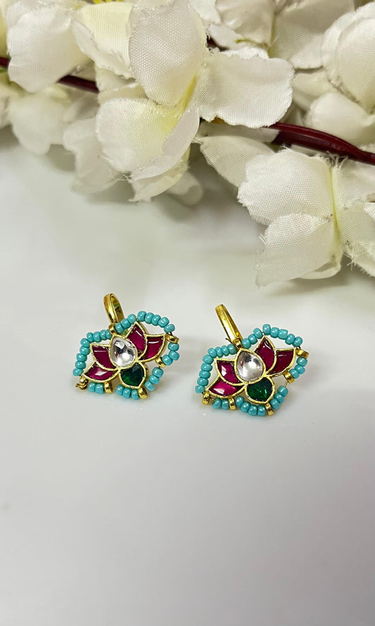 Padmika Kundan Lotus Earclips |Premium Lotus Kundan Earclips | Gold Temple Stud Earrings with Pearl & Turquoise | Alankrent Luxe - Alankrent Luxe