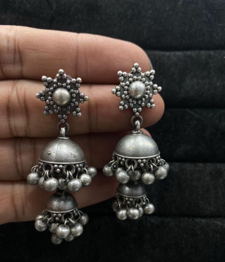 Double Layer Oxidised Silver Look Alike Jhumka Earrings Brass Base Traditional Ghungroo Design Alankrent Ak Dj by Alankrent