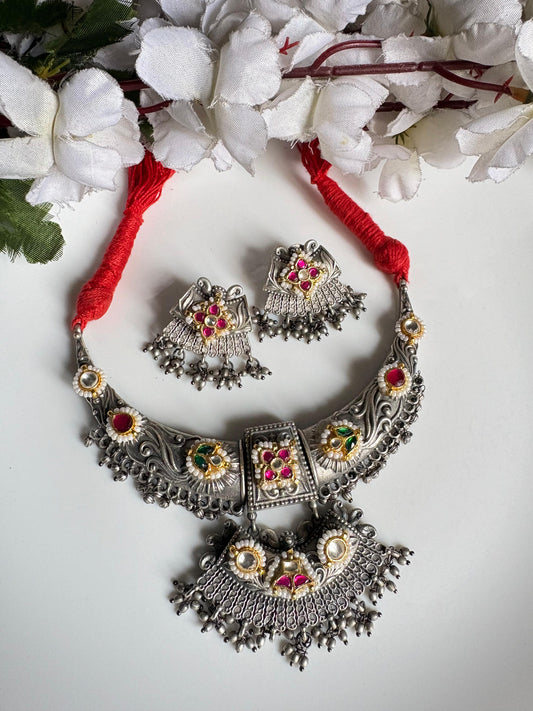 RangMahal Premium SLA Kundan Necklace Set | Thread Fusion Dualtone Statement Jewellery with Earrings
