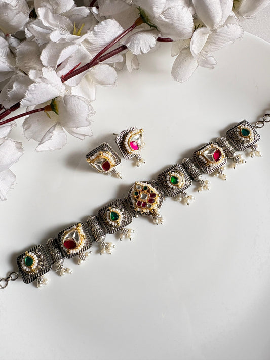Varnika Dualtone Kundan Fusion Choker Set with Square Earrings