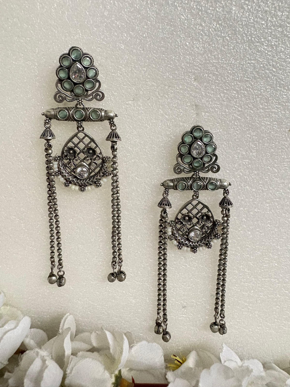 Noor Antique Stone Tassel Earrings
Handcrafted Antique Silver Long Earrings | Stone Tassel Earrings | Heritage Statement Jewellery