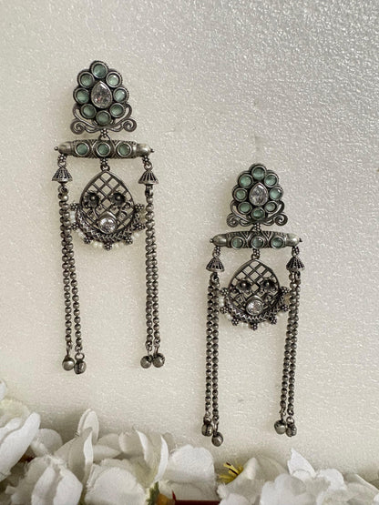 Noor Antique Stone Tassel Earrings
Handcrafted Antique Silver Long Earrings | Stone Tassel Earrings | Heritage Statement Jewellery
