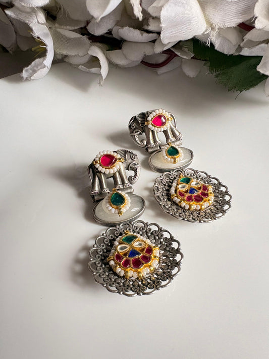 Gajraj Kundan Stone Earrings | Elephant Motif Pachi Kundan Fusion Earrings | SLA Imitation Jewellery