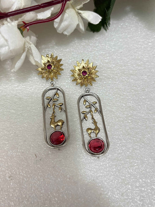 Dual Tone Deer Drop Earrings Silver Polish Stone Earrings