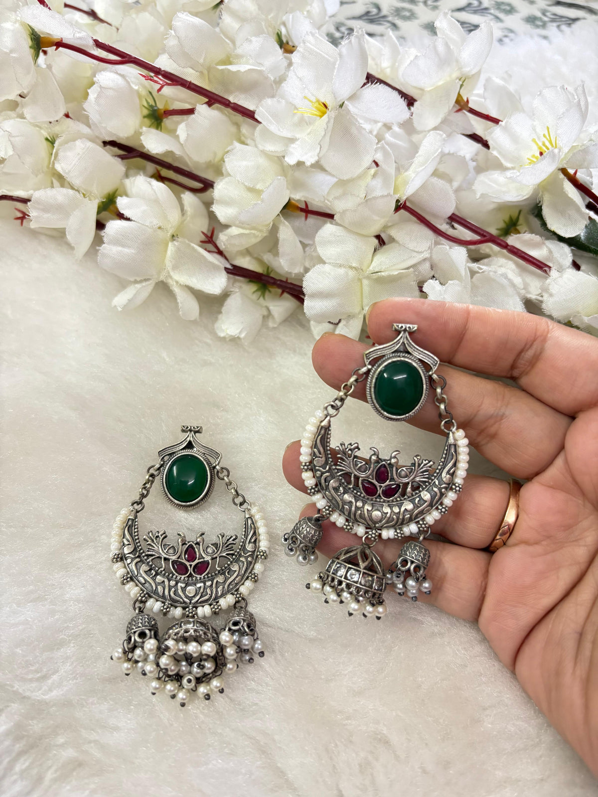 Sla Look Oxidized Chandbali Jhumka Earrings With Pearl Drops Handcrafted Ethnic Statement by Alankrent