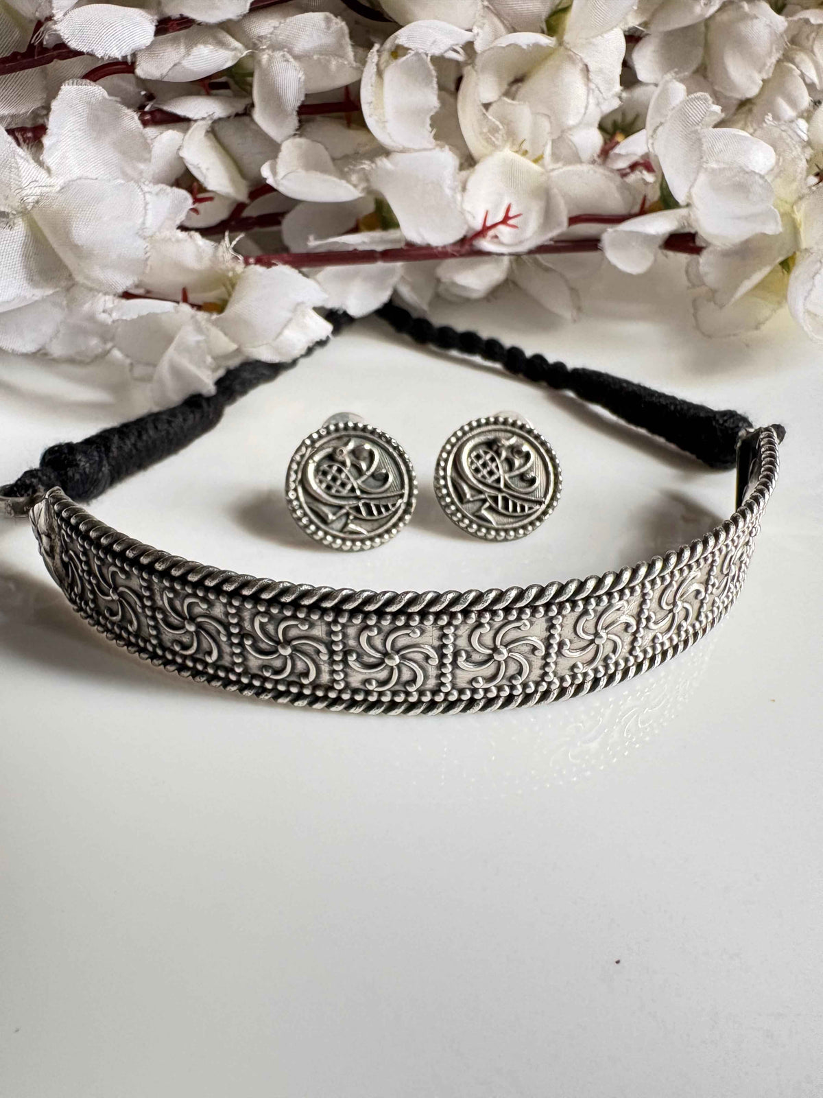 Premium Oxidised Floral Choker Necklace Set with Round Earrings Silver Look Traditional Jewellery for Women