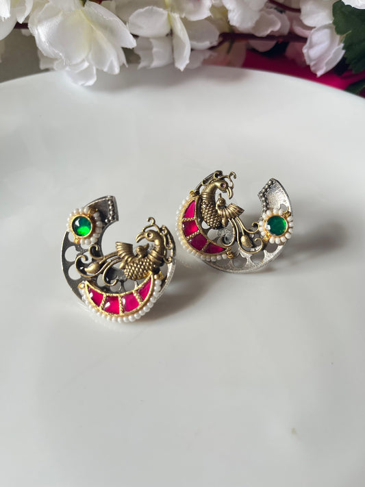 Amara Dual Tone Peacock Kundan Statement Studs by Alankrent