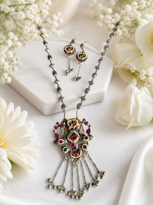 Morbagh Noor Premium SLA Dual Tone Long Necklace Set | Kundan Fusion Statement Jewellery with Earrings