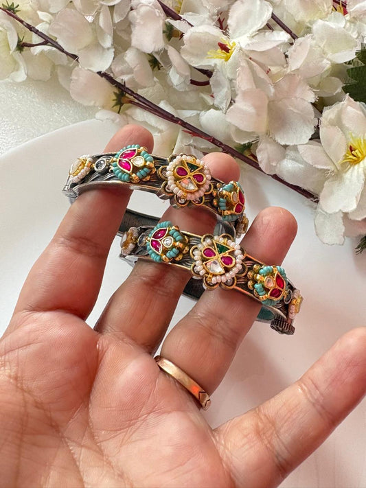 Tarakshi Kundan Fusion Premium Dual Tone Kada – Brass Designer Ethnic Handcuff Bangle for Women | 2.2 Size