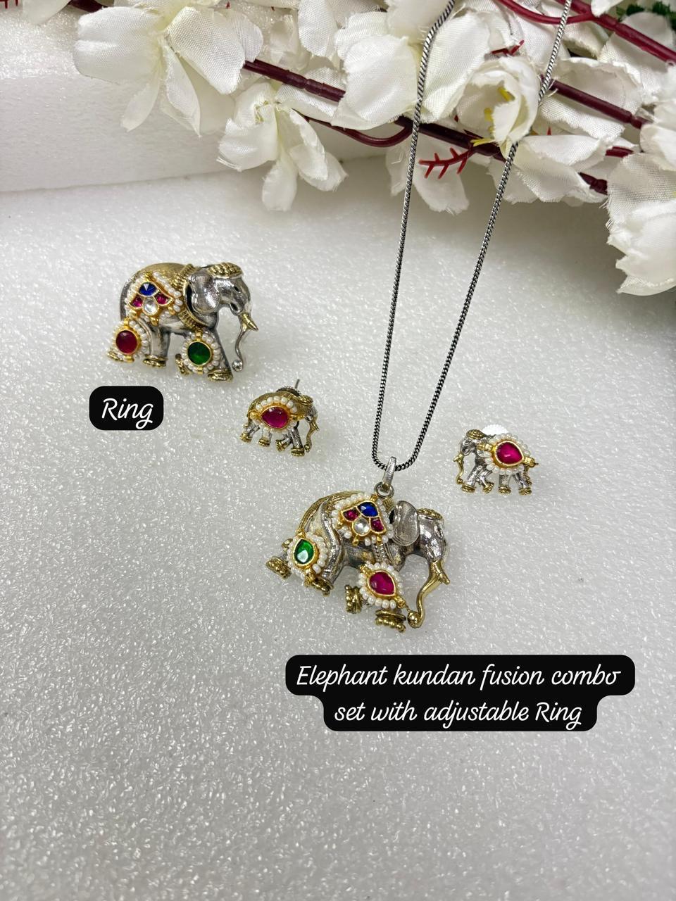 Elephant Kundan Fusion Pendant Set with Adjustable Ring | SLA Finish Brass Jewellery  Combo Set | Alankrent | AK-20260111-EL16 by Alankrent