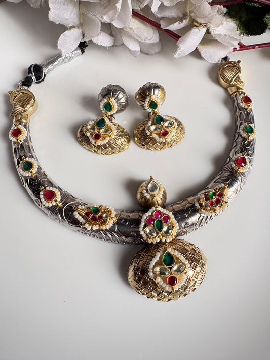 Vamika Kundan Fusion Dual Tone Hasli Choker with Earrings | Navratri & Festive Jewellery